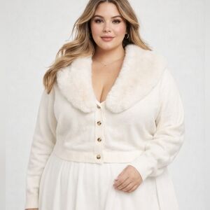 Retro Chic by Torrid Faux Fur Trimmed Cardigan Size 4X White Sweater EUC